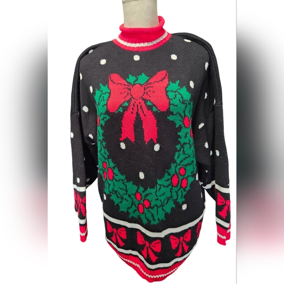 Vintage 1990s Y2K Knitwaves Christmas wreath holiday turtleneck sweater - Picture 1 of 6